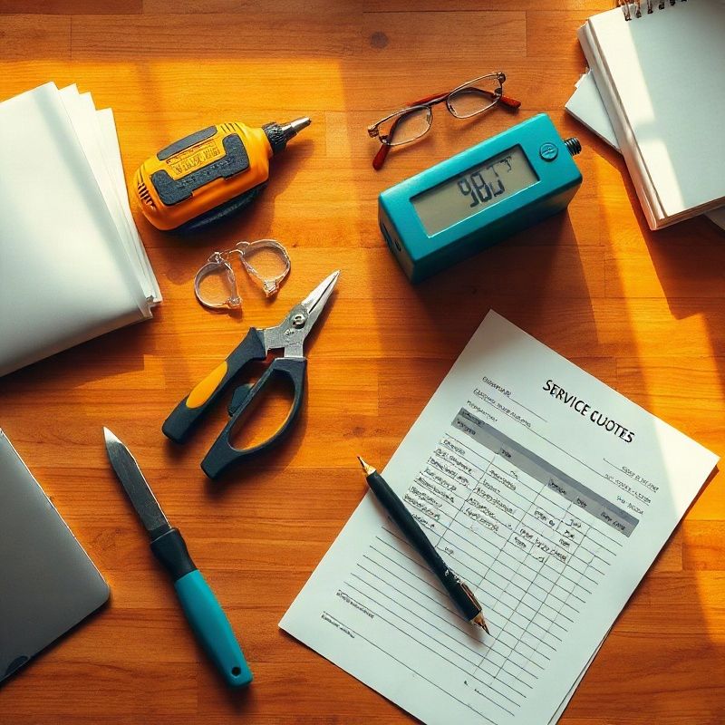 Overhead view of service tools and a handwritten quote sheet on a warm wooden desk in Eldoret