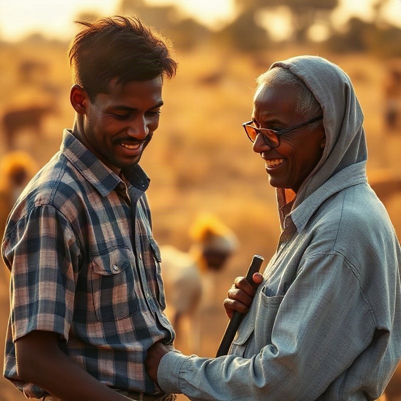 Two Forgeespark team members working together in the Eldoret field, golden afternoon light